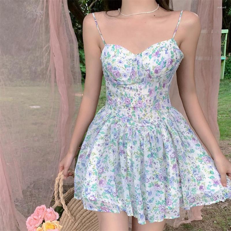 

Casual Dresses Sexy Strap Floral Dress Women Designer Korean Elegant Sweet Mini Sleeveless Chiffon Slim Fairy Party Summer 2022, Strap dress