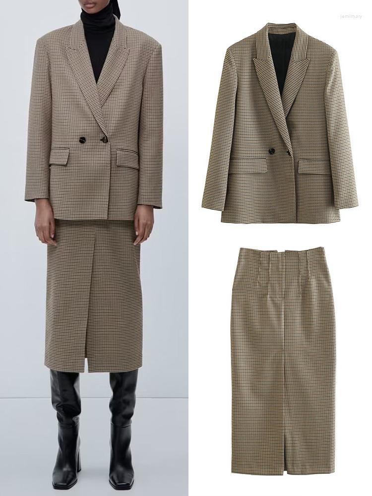 

Two Piece Dress Women Fashion Plaid Double Breasted Blazer Suits Coat And High Waist Side Zipper Midi Skirt Female Sets Mujer