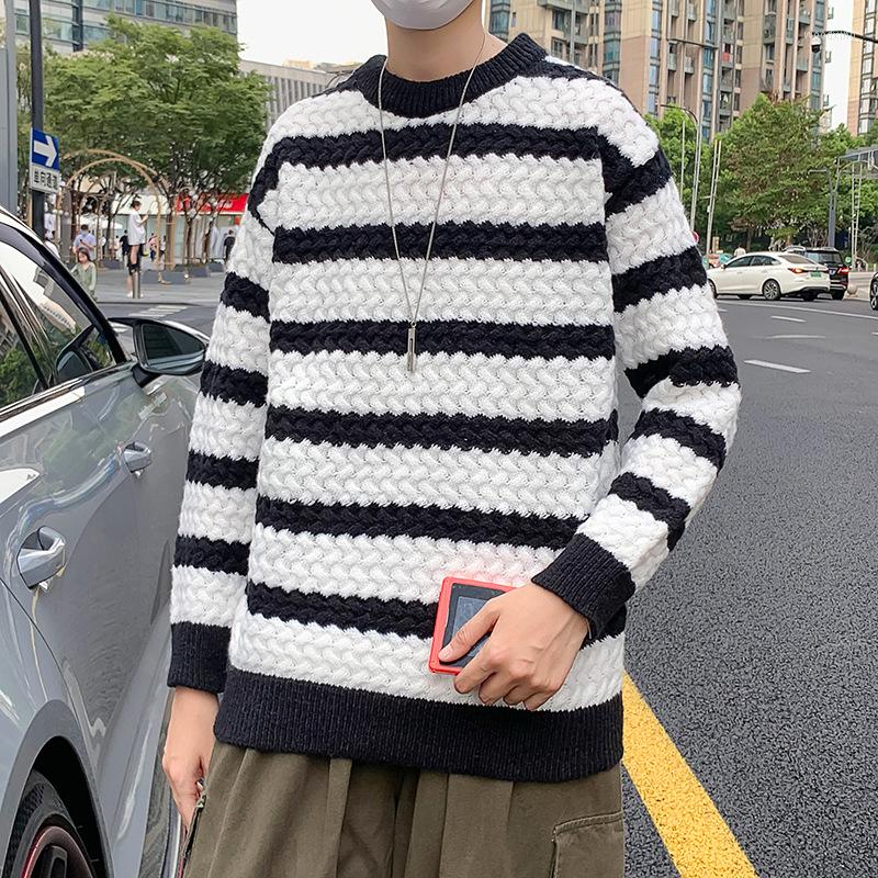 

Men's Sweaters ZCSMLL Striped Loose Sweater Autumn And Winter Round Neck Men's Simple Trend Knitted Pullover Warm, Black