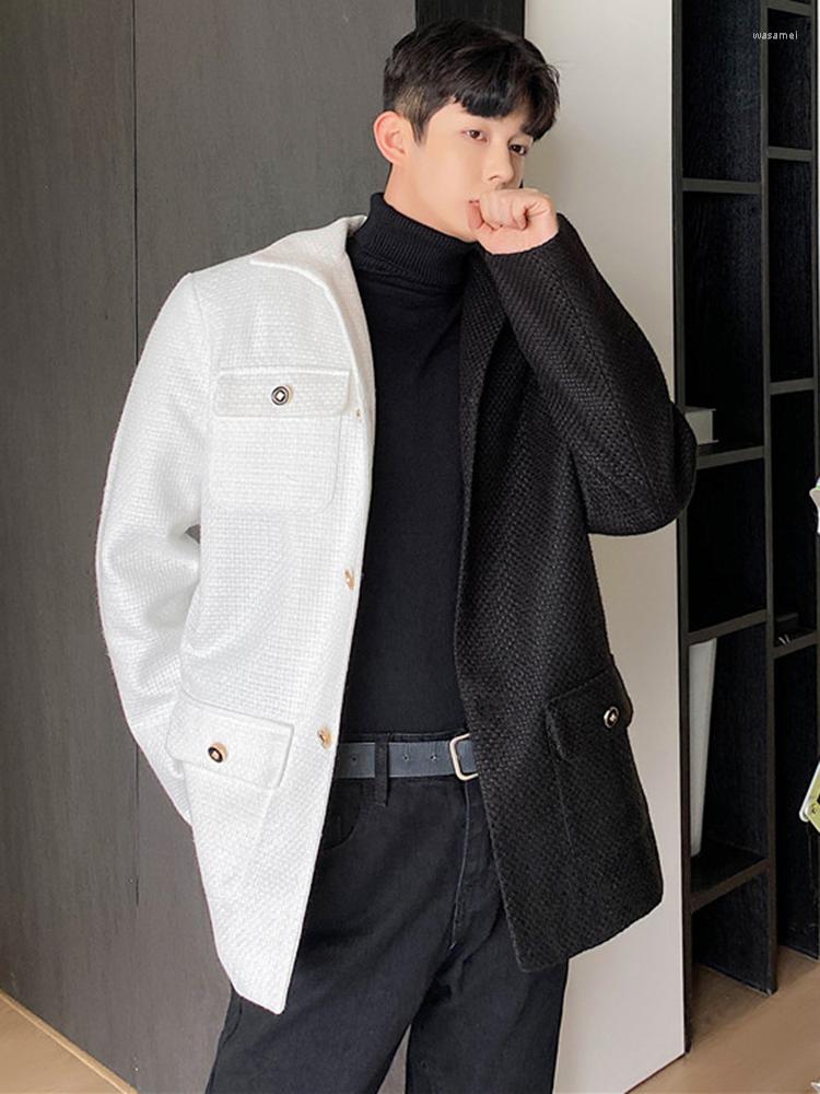 

Men's Jackets ZCSMLL Color Contrast Woolen Thickened Coat Long Sleeve Turn-down Collar Casual Men Jacket Korean Fashion Male Tops L53, Black