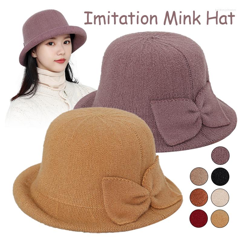 

Berets Knit Bowknot Cloche Hats Faux Sable Bucket Hat Vintage Retro Ladies Wedding Jazz Cap, Black