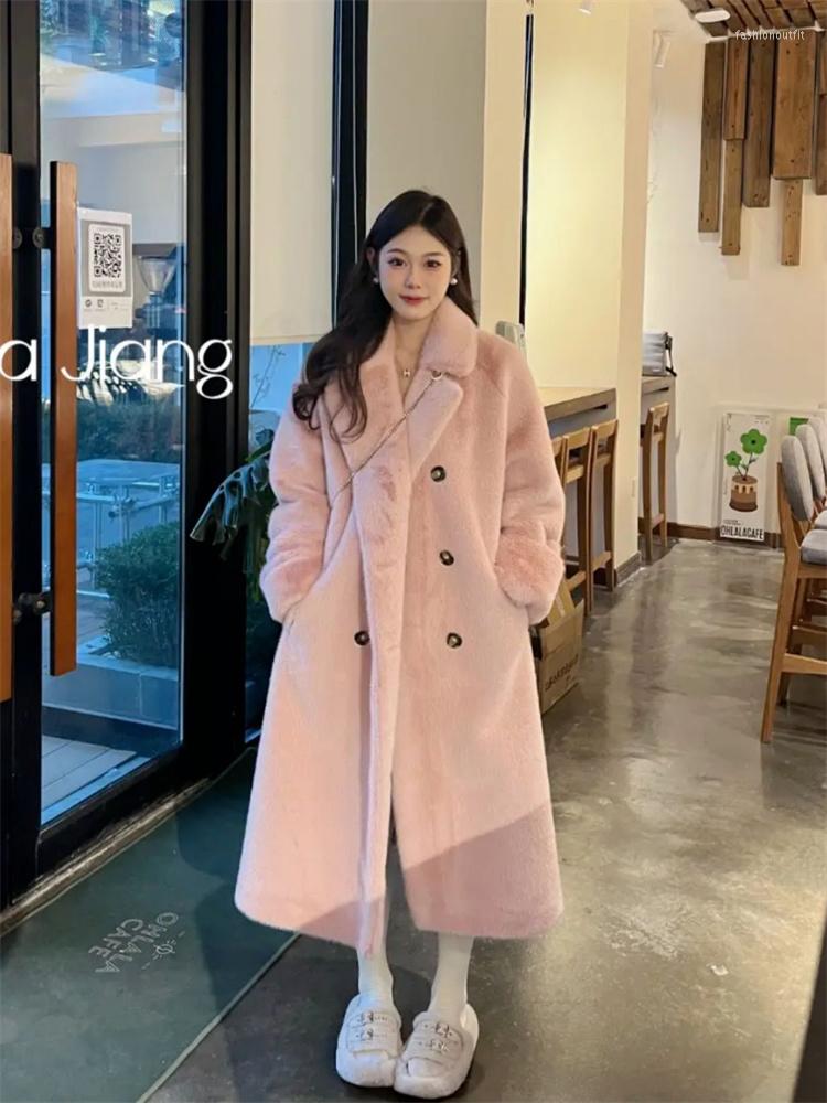 

Women's Fur Faux Mink Coat Women Khaki Long Suit Collar High Quality Luxury Thick Coats 2022 Winter Fashion Temperament Clothing, Beige