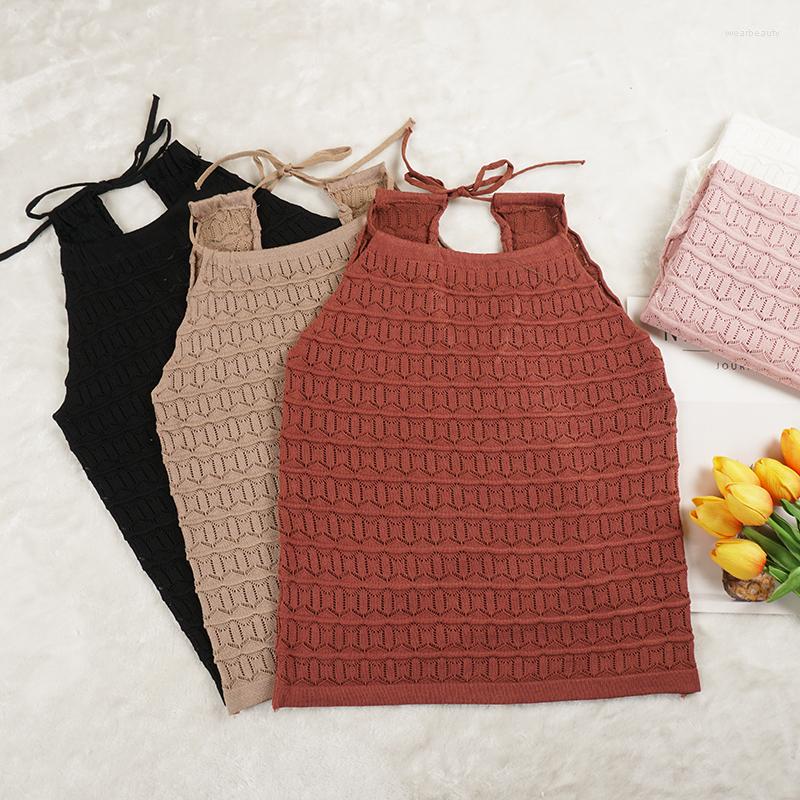 

Women's Tanks Summer Autumn Women Knitted Tank Top Sexy Drawstring Halter Strap Camis Club Girls Sleeveless Short Camisole Vest Tops S1197, Dark red