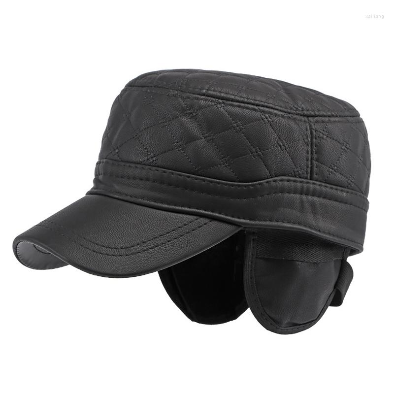 

Berets Men's Military Hat Winter Middle Aged Elderly Army Cap With Earflaps Autumn PU Leather Male Thicken Keep Warm Flat Top, Black