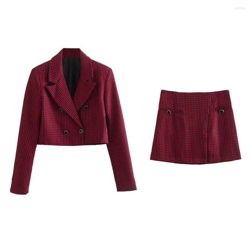 

Two Piece Dress WOMEN 2022 Jackets Autumn Winter Qianniao Short Suit Coat Temperament Retro Double Breasted Female Chic Blazer Set, As shown