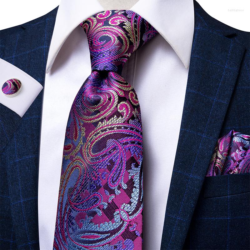 

Bow Ties Hi-Tie Purple Paisley Large Men's Tie Set Luxury Blue Silk Neckties For Men Fashion Design Hanky Cufflinks Wedding Quality