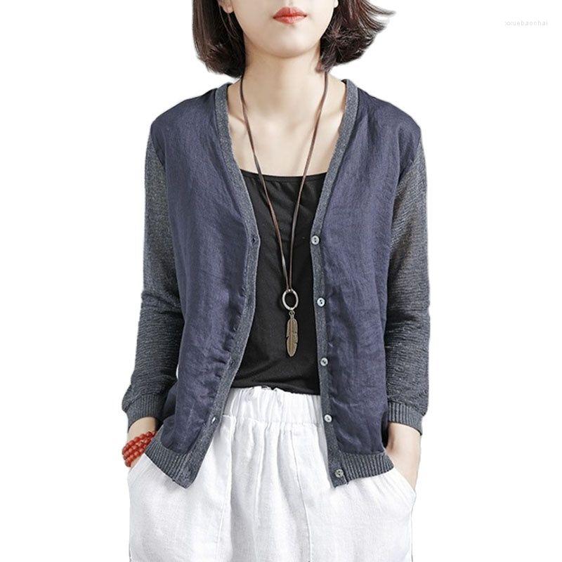 

Women's Jackets High Quality Women's Jacket 2022 Summer Products V-Neck Flax Ice Silk Knitted Coat Spring Autumn Thin Female Outerwear, Black