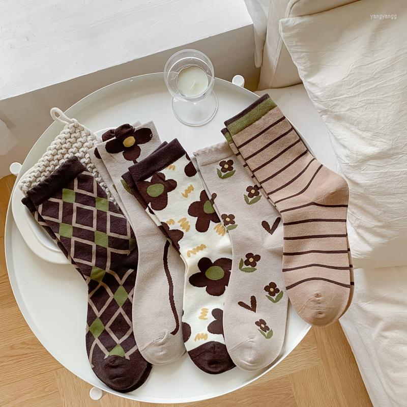 

Women Socks For Styel Autumn Winter Fashion Flower Korean Female Cotton Breathable Absorb Sweat Casual Crew Cute, Khaki flower