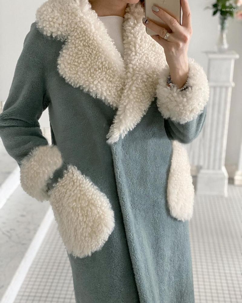 

Women' Fur Long Lambswool Lapel Pocket Jacket Simple European And American Women' Warm