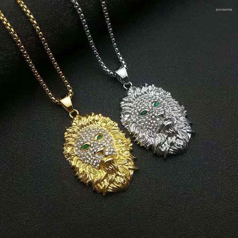 

Pendant Necklaces Hip Hop Bling Iced Out Rhinestones Gold Stainless Steel Green Eye Male Lion Pendants Necklace For Men Rapper Jewelry