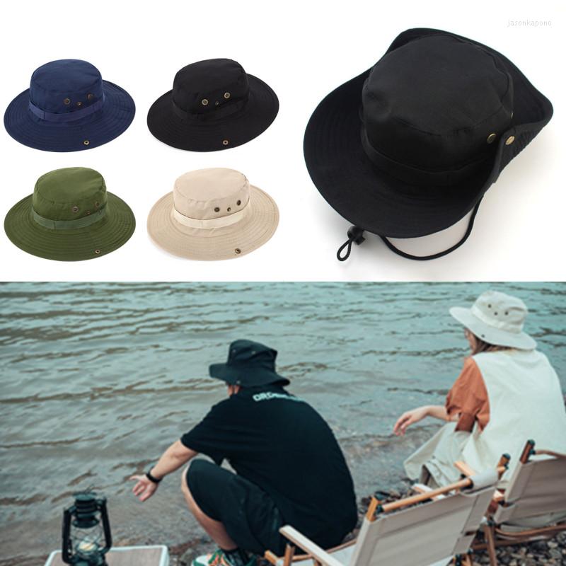 

Berets Hiking Fishing Climbing Sun Protection Cap Casual Men's Panama Bucket Hat Camping Drawstring Windproof Outdoor Fisherman, Black