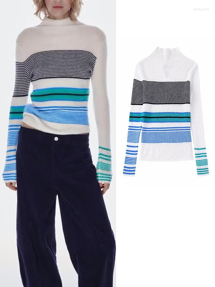 

Women' Knits Women Striped Knitted Sweater 2022 Autumn Warm Stand-UP Collar Long Sleeve Tops Female Vintage Slim Chic Soft