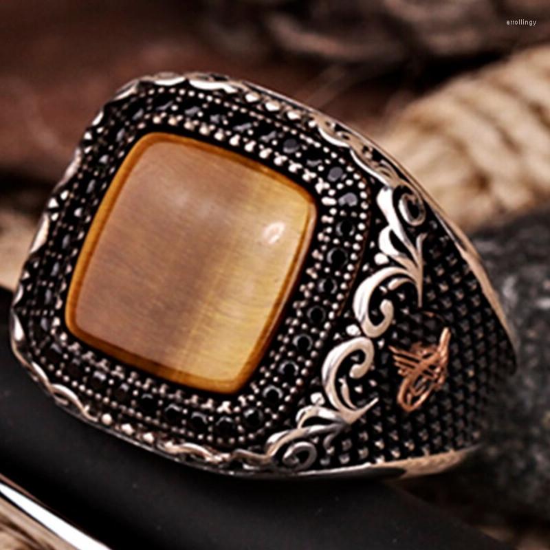 

Wedding Rings Turkey Hand Engraved Pattern Ring Vintage Metal Inlaid Tiger Stone Men's Ottoman