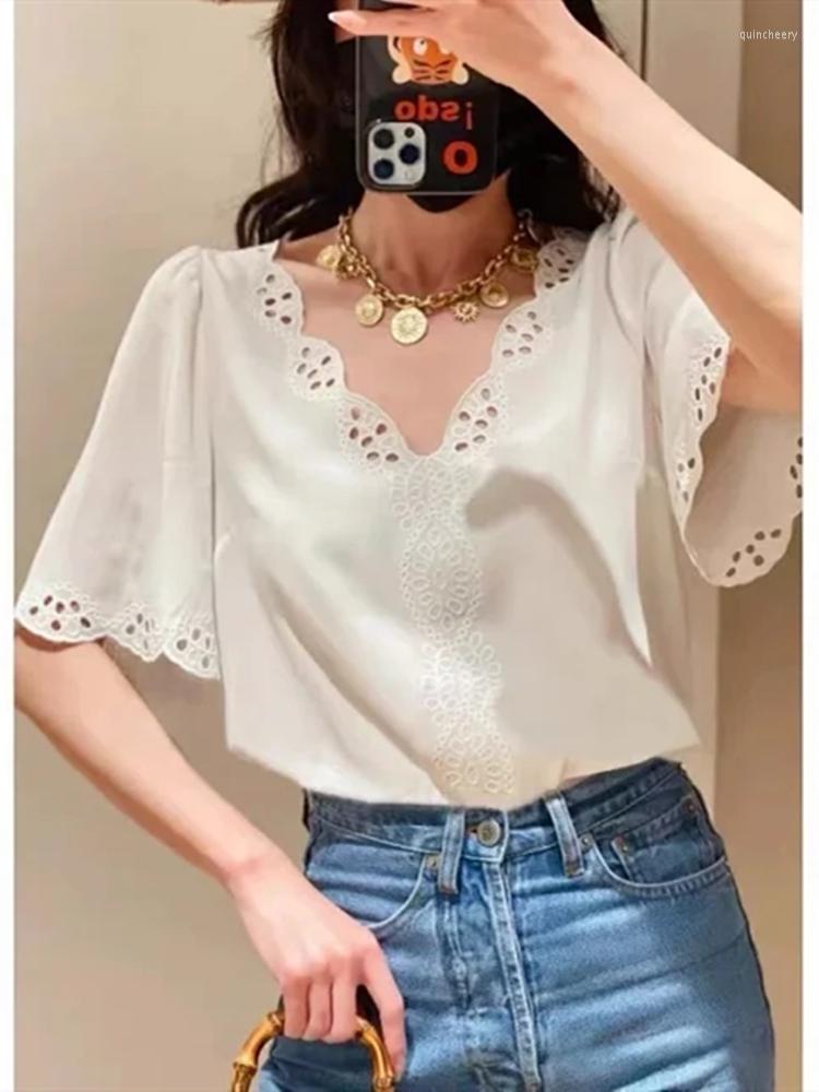 

Women' Blouses Summer Women V-Neck Pullover Shirt Tops Short-Sleeved Ladies Embroidery Hollow Out Trim Blouse, Top