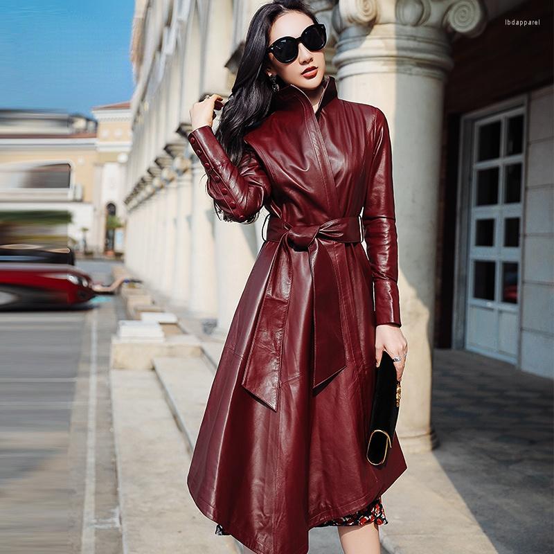 

Women' Leather Genuine Jacket Women High Quality Real Sheepskin Long Trench Coat Fashion Womens Coats Autumn Veste Cuir Femme SGG, Black