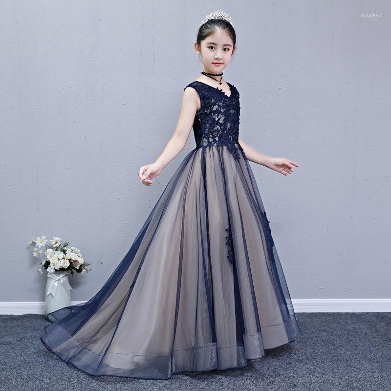 

Girl Dresses Mingli Tengda Navy Flower Kids Dress For Wedding V Neck Children Dineer Sexy Pageant Primera Comunion Decoracion, Same as photo