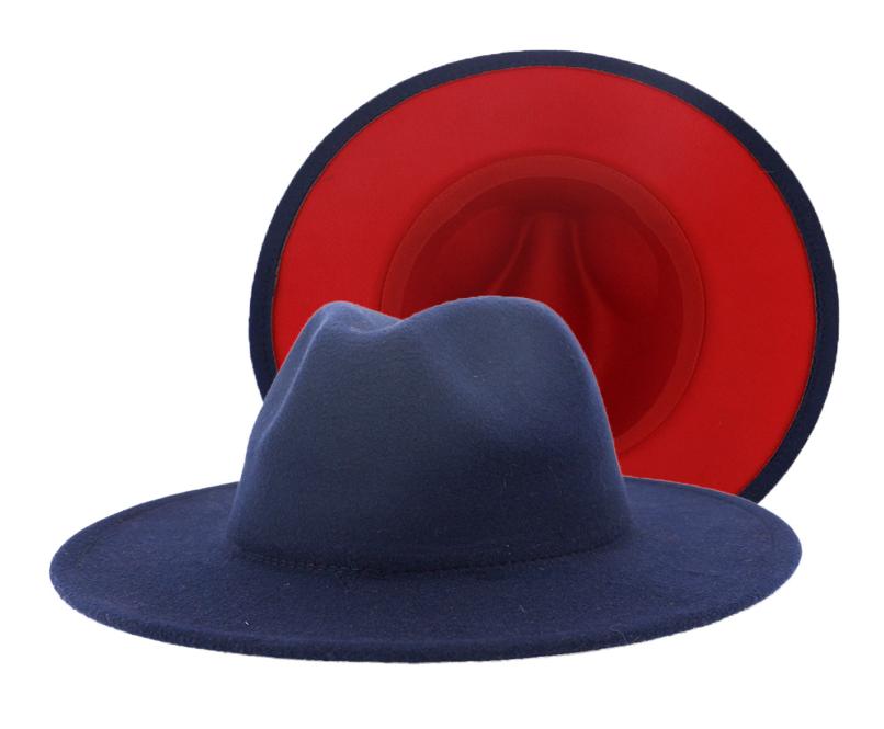 

British Style Navy Blue Red Patchwork Felt Jazz Hat Cap Men Women Flat Brim Wool Blend Fedora Hats Panama Trilby Vintage Hat9766037, Outer navy inner red
