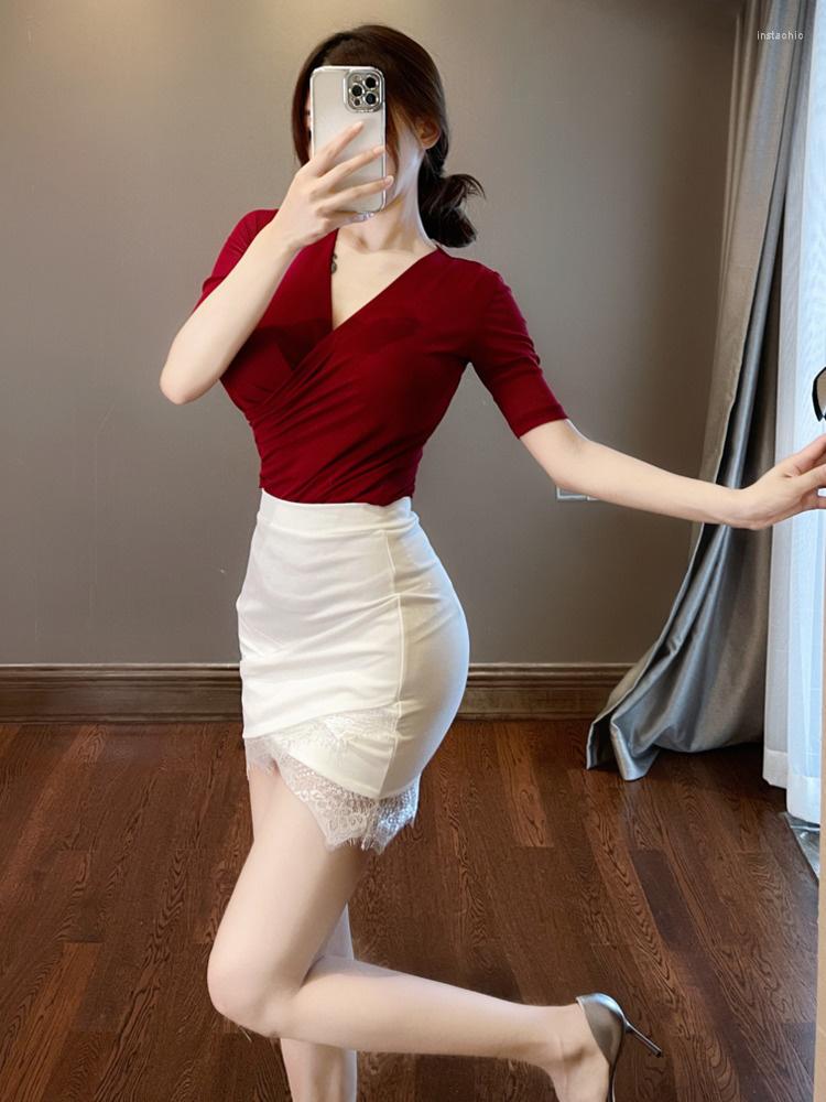 

Women' T Shirts Cherries Red Party Cross Basis TShirt Half Sleeve Elegant Office Lady Slim Female Tees Mesh Thin Sexy Korean 8OJ, Gray