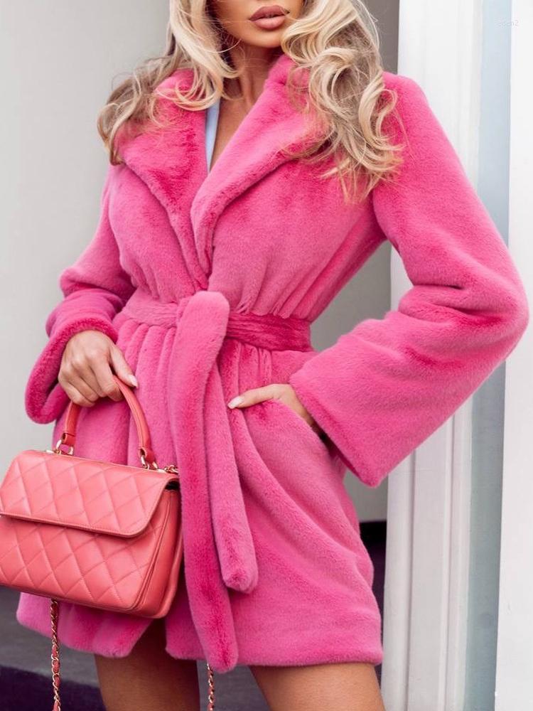 

Women' Fur Autumn Winter Fashion Turn-down Collar Rose Red Luxury Faux Coat With Belt 2022 Women' Casual Long Sleeve Coats Outerwear