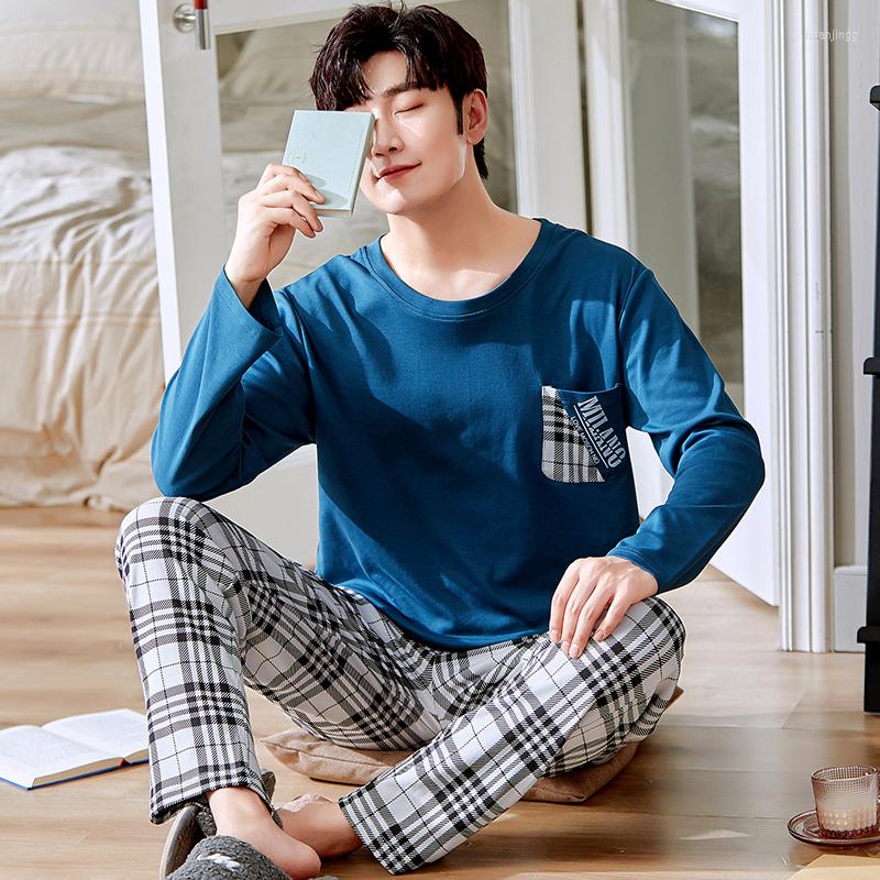 

Men's Sleepwear Spring And Autumn Men's Cotton Letter Lattice Pajamas Cartoon Sets Casual Large Size For Men, Mens pajama sets