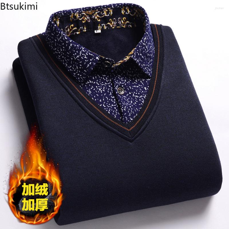 

Men's Sweaters Autumn Winter Men's Warm Sweater Fake Two-piece Thicken Knitted Male Basic Solid Pullover Shirt Jumper, Khaki