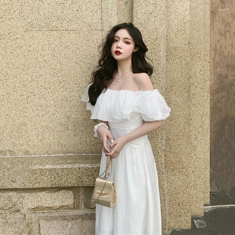 

Casual Dresses Elegant Vintage Fairy Midi Dress Women White Sexy Off Shoulder Ruffle Korean Female Long Evening Party Beach 2022, White long dress
