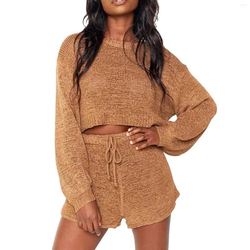 

Women' Tracksuits 2 Pcs Women Solid Color Outfits Adults Long Sleeve Round Neck Crop Tops Shorts With Drawstring Autumn, Black