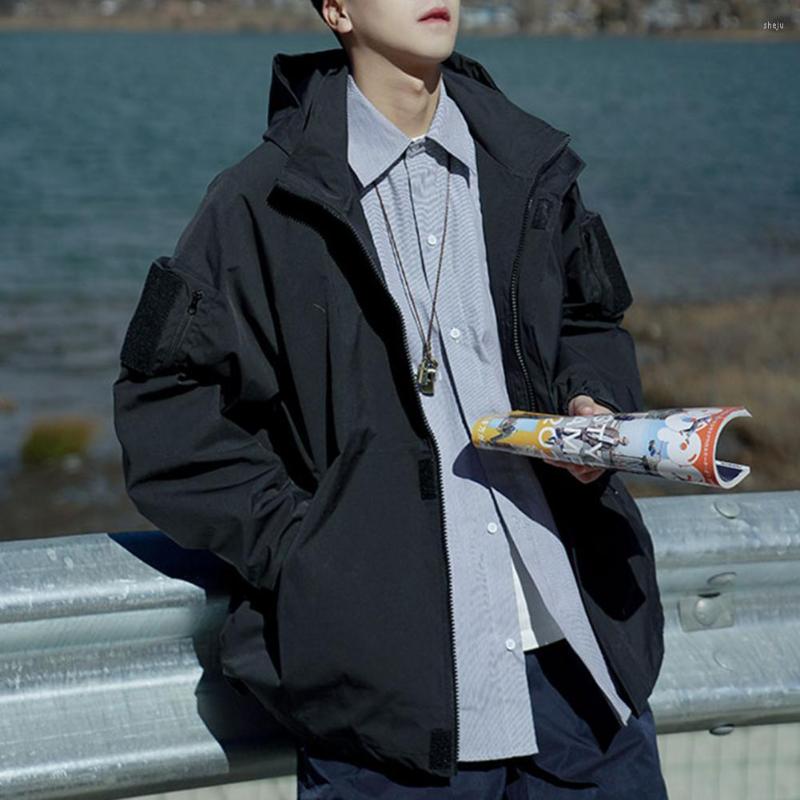 

Men's Jackets Men Trench Coat Loose Hooded Long Sleeves Cardigan Zipper Windproof Neck Protection Fasten Tape Casual Spring For Outdoor, Black