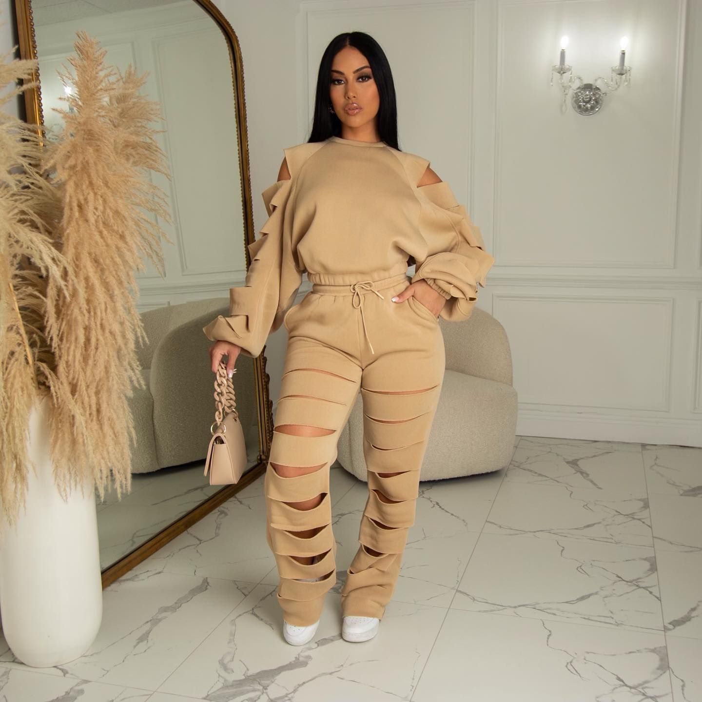

Womens Two Piece Pants Winter Casual Tracksuit Set Hollow Out Streetwear Long Mathing Clothes For Outfit 221206, Black