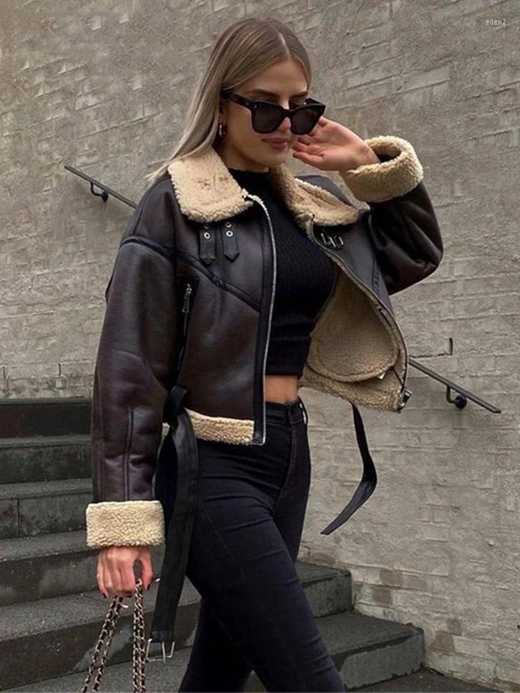

Women's Fur Thicken Warm Lambswool Winter Coats Women Chic Buckle Locomotive Collar Streetwear Zippers PU Leather Motorcycle Jackets, Coffee