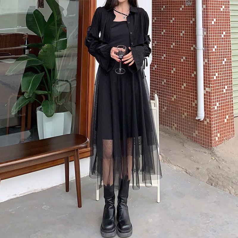 

Casual Dresses Summer Gothic Strap Dress Women Black Sexy Mesh Party Y2k For 2022 High Street Korean Evening Chic Streetwear, Shirt