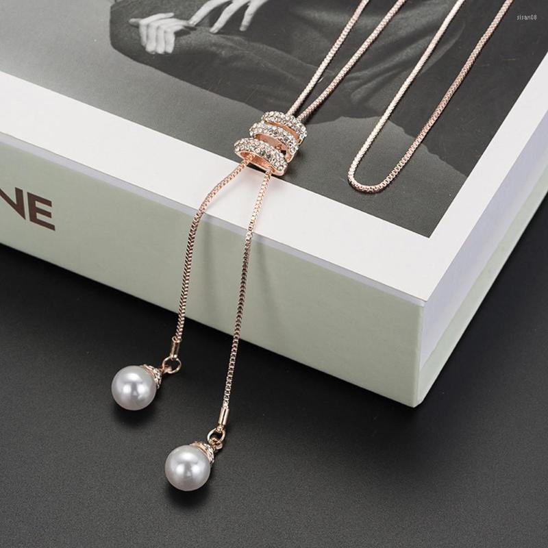 

Chains Ladies Fashion Charm Crystal Pearls Pendant Luxury Long Necklace Sweate