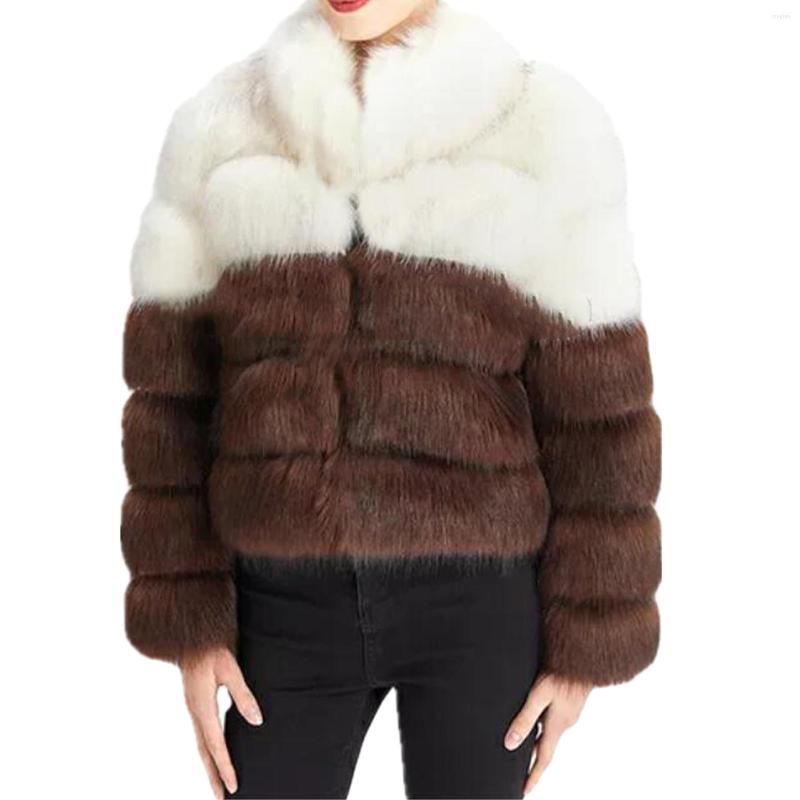

Women' Fur Women Autumn Winter Furs Coat Overcoat Long Sleeve Stand Collar Warm Fluffy Faux Jacket Outwear, Dark pink and black