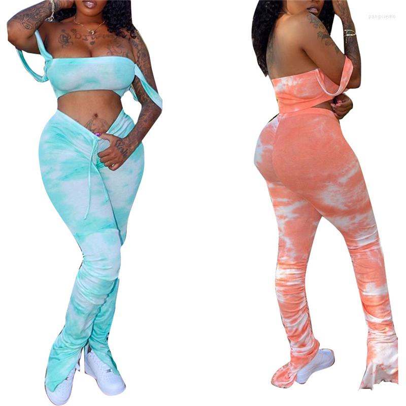 

Women' Tracksuits 2022 Sexy Women Summer Sets Clothes Off Shoulder Tops High Waist Trousers Tie-Dye Printed Two-Piece Suit, Blue