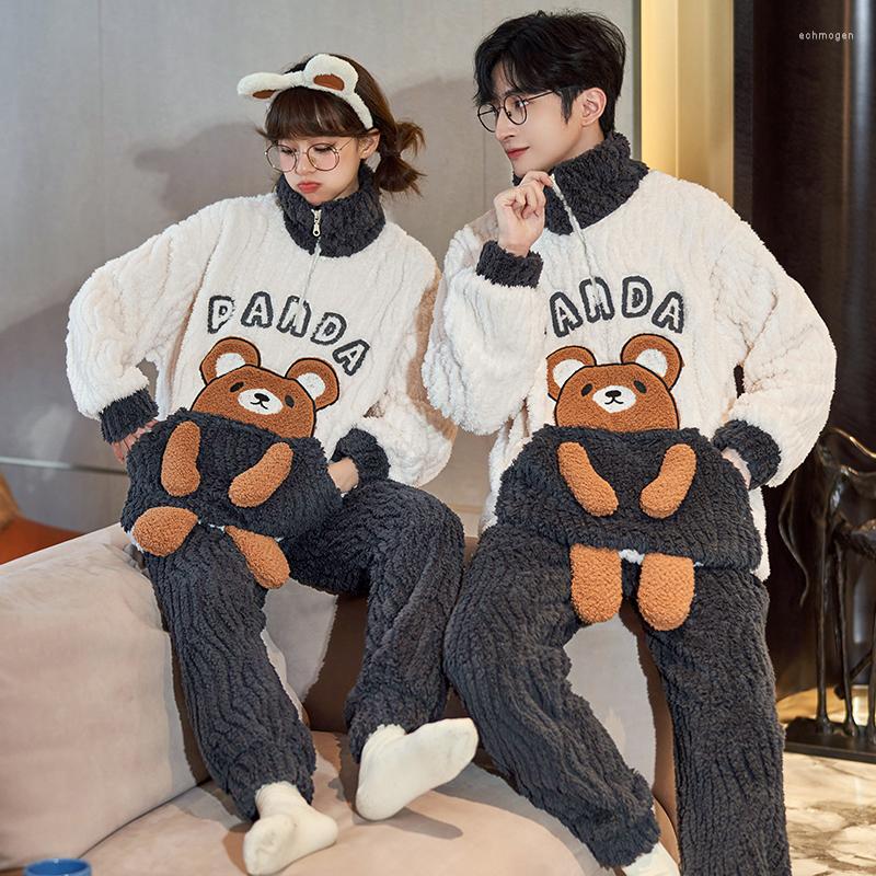 

Men's Sleepwear QUHENG Winter Couple Pajamas Set Plush Soft Thicken Korean Women Men Loose Homewear Cartoon Home Pyjamas Suits