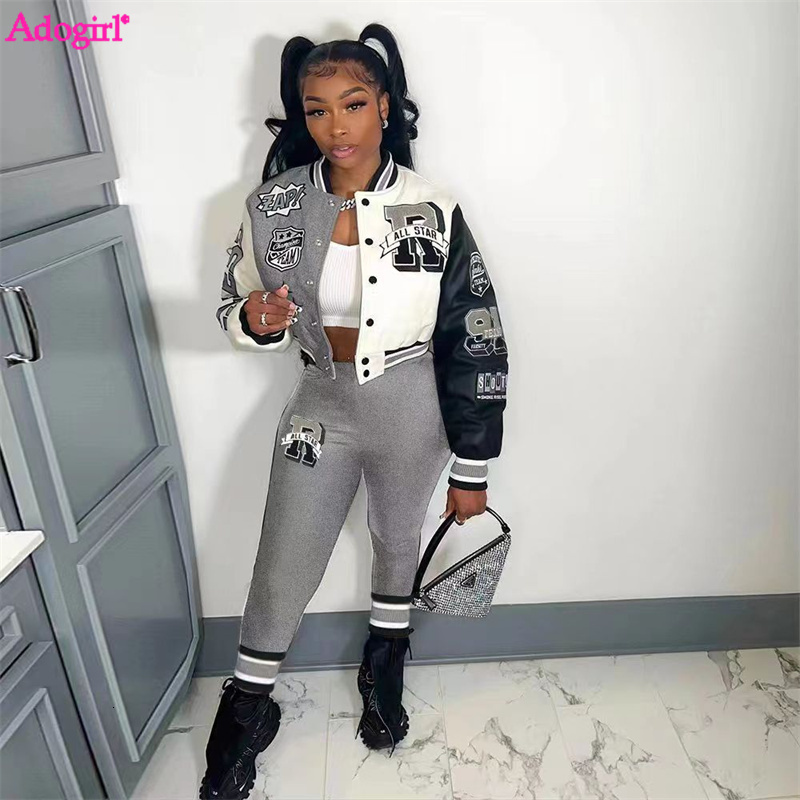 

Womens Two Piece Pants Adogirl Letter Print Baseball Set Women Jogging Suits Buttons Long Sleeve Short Varsity Jacket Top Leggings 221206, Red