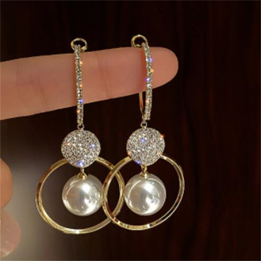 

European and American New Fashion Dangle Chandelier Women's White Pearl Shining Rhinestone Earrings Wedding Party Engagement Jewelry AB1078