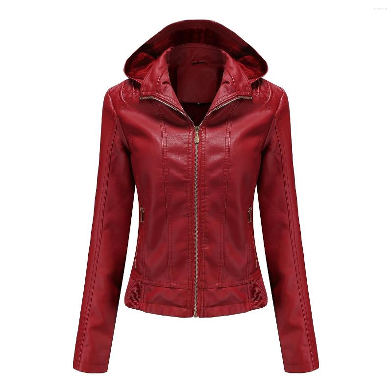 

Women' Leather Autumn And Winter Hooded Jacket Women' Detachable Hat Zipper Long Sleeve Plush Fitted Warm Coat, Pink
