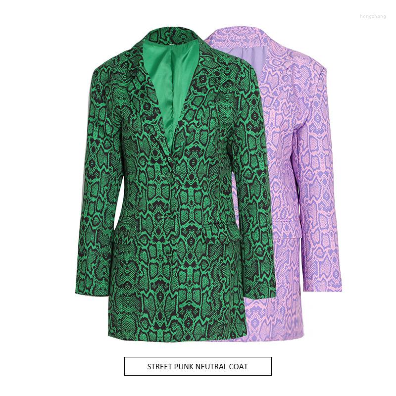 

Women' Suits Spring Fashion Coat Temperament Retro Print Snake Contrast Color Stitching Mid-length Suit Jacket, Green