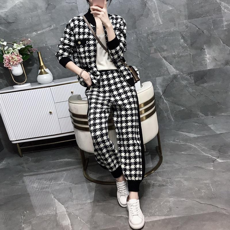 

Women s Two Piece Pants Spring Women Knit Sweatshirts Suit Knitted Tracksuit Houndstooth 2 Set Zipper Plaid Cardigan Coats 221206, Black