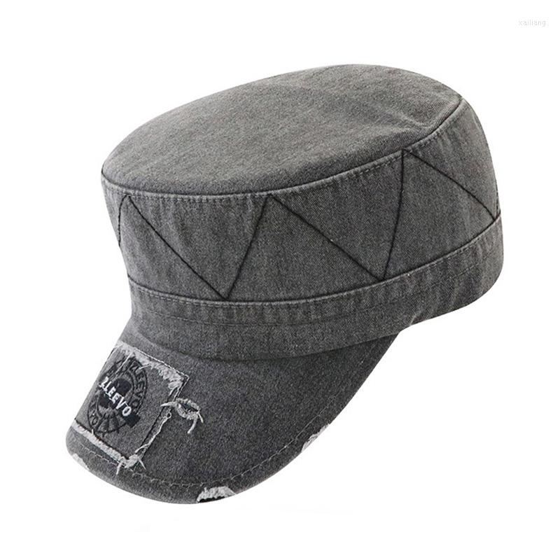 

Berets Casual Wash Cotton Men's Military Hat Spring Summer Cap Women Flat Top Outdoor Sunscreen Army Distressed Gorras, Black