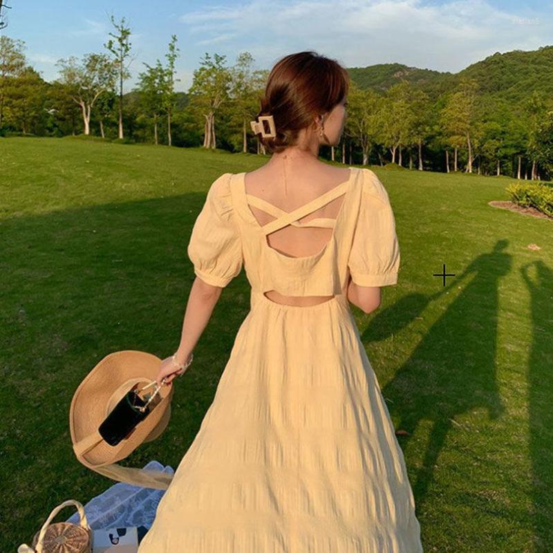 

Casual Dresses Elegant Puff Sleeve Midi Dress Women Sexy Backless Design Korean Fairy Female Solid Holiday Party 2022 Summer, Mini dress