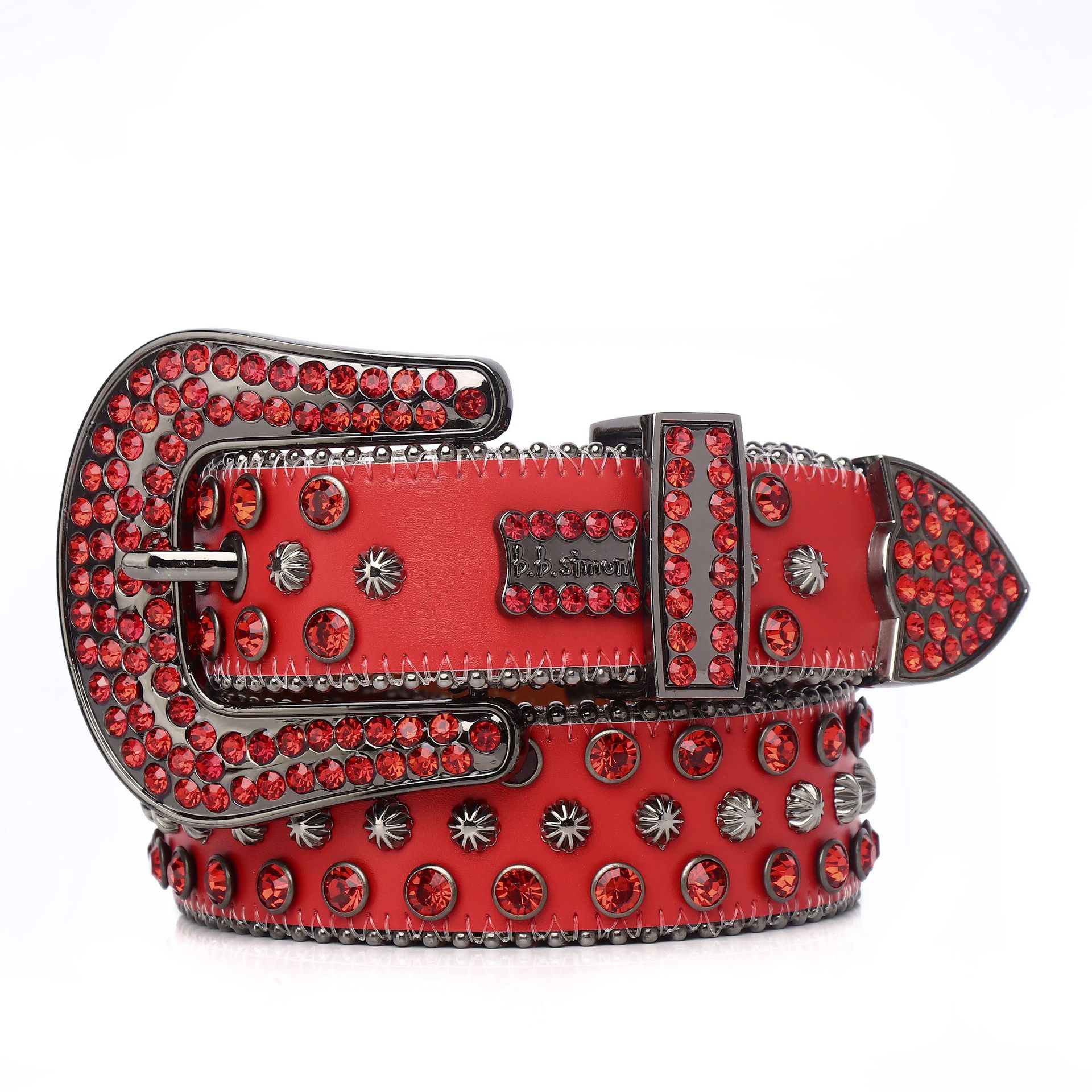 

Fashion simon belts Men designer belt ceinture homme red PU leather red artificial diamond rivet decorate womens rhinestone belt cinturon alloy Needle buckle, As pic
