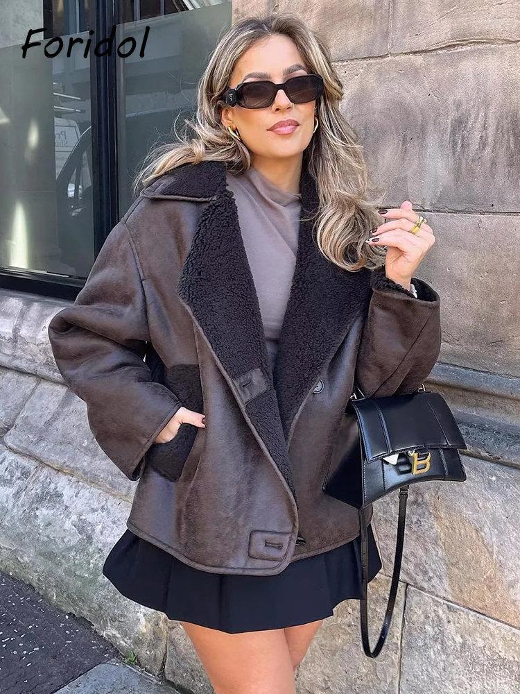 

Women' Fur Foridol Faux Suede Coat For Women Long Sleeve Turn Down Collar Button Oversize Autumn Winter, Brown