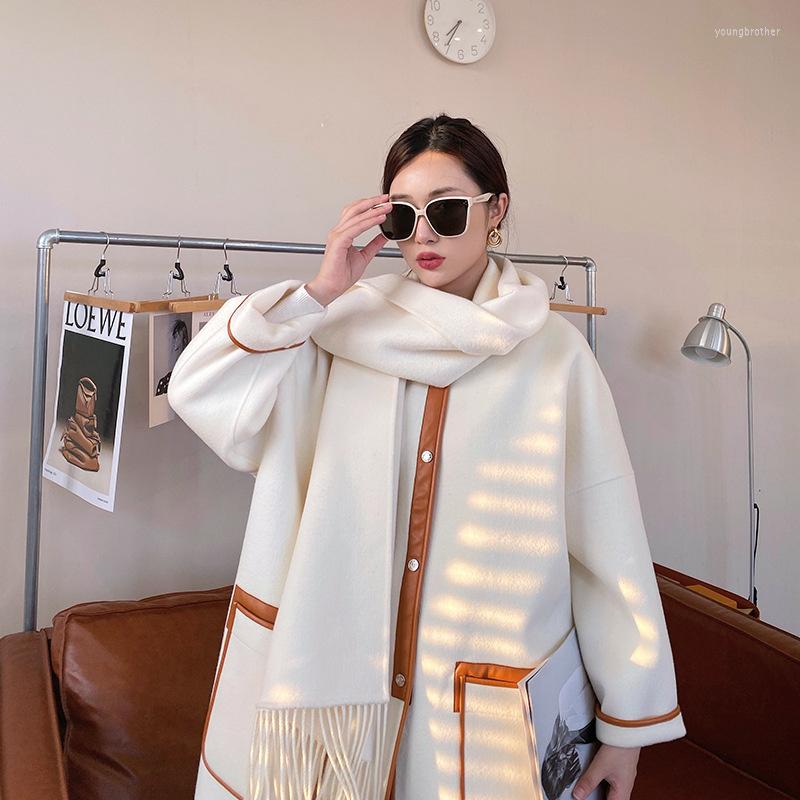 

Women' Wool 21 Autumn And Winter Style Sheepskin Wrapped Scarf Design Double Sided Cashmere Long Woolen Coat Women, Iced american