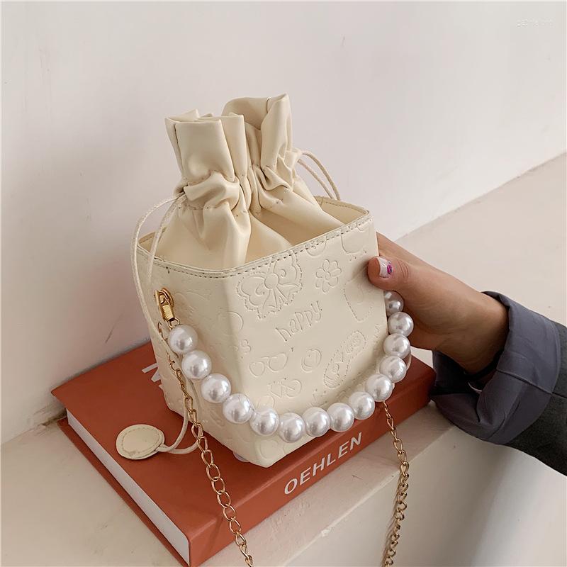 

Evening Bags Fashion Texture Square Small Bag Women Simple Embossed Pattern Pearl Handle Drawstring Metal Shoulder, Black