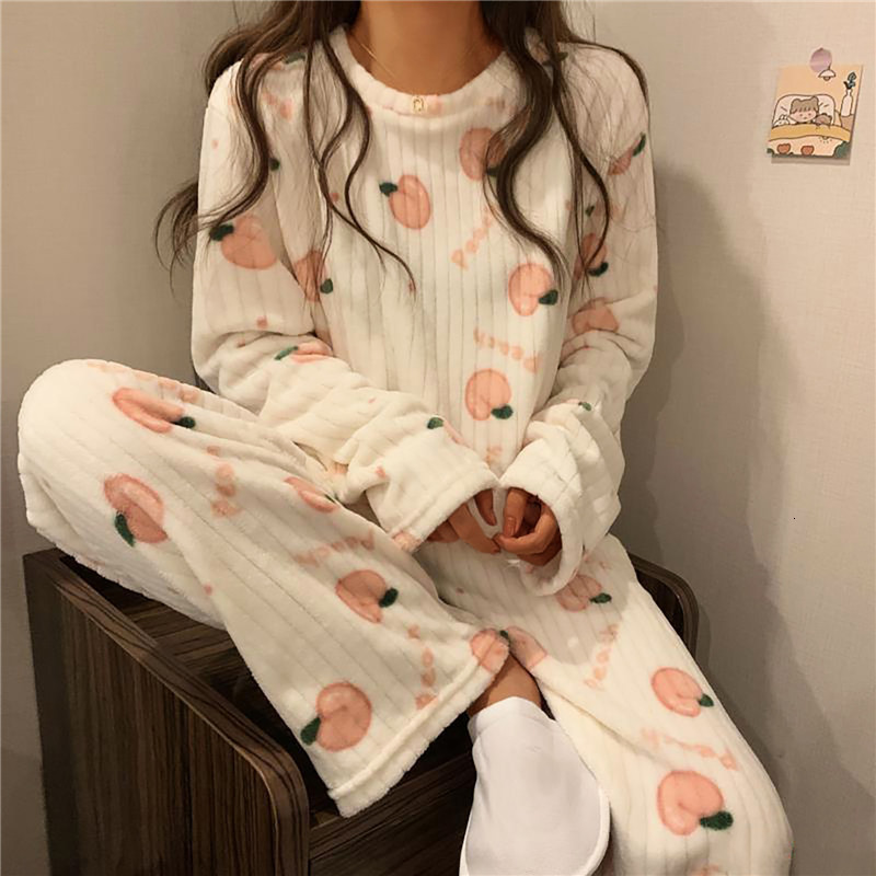 

Womens Sleepwear Women Winter Flannel Pajama Set Fleece Pyjamas Homewear Strip Kawaii Print Warm Velvet Female Suit Ladies Pijama 221206, Shirt