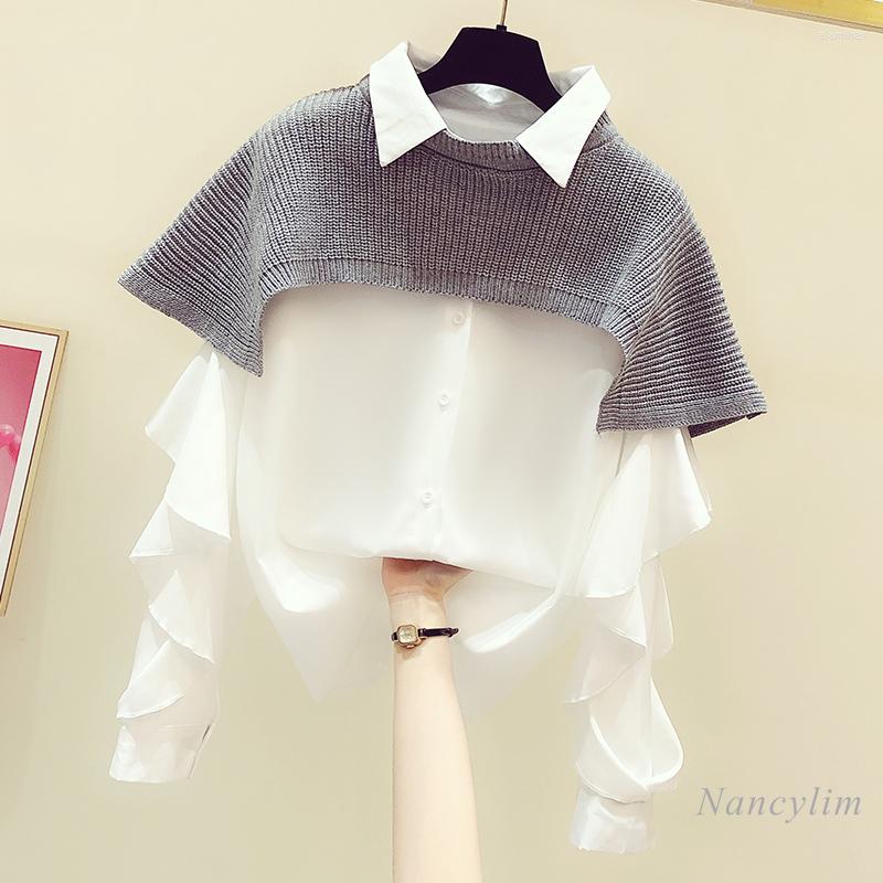 

Women' Tracksuits Women' Top 2022 Spring Cropped Round Neck Sweater Shawl Long Sleeve Ruffled Blouse Shirt Two-Piece Set Lady Blusas, White
