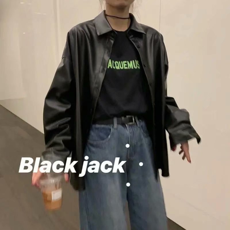 

Women' Leather Faux Women oversized PU leather blouses Spring Autumn Black Basic Coat Turn-down Collar Motor Biker Jacket 221206