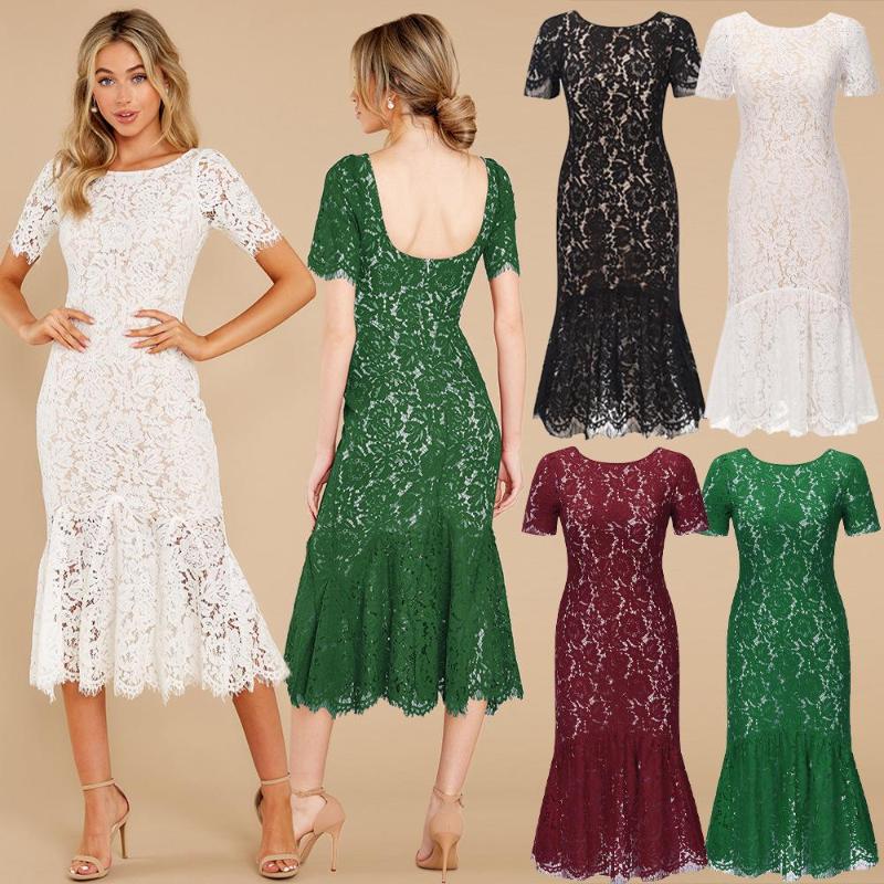

Casual Dresses Women Lace Midi Dress Short Sleeve Evening Party Elegant Female Bodycon O-neck Plus Size -3XL, White